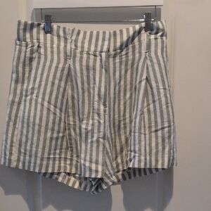 LOFT Green and White Striped High-Waist Shorts